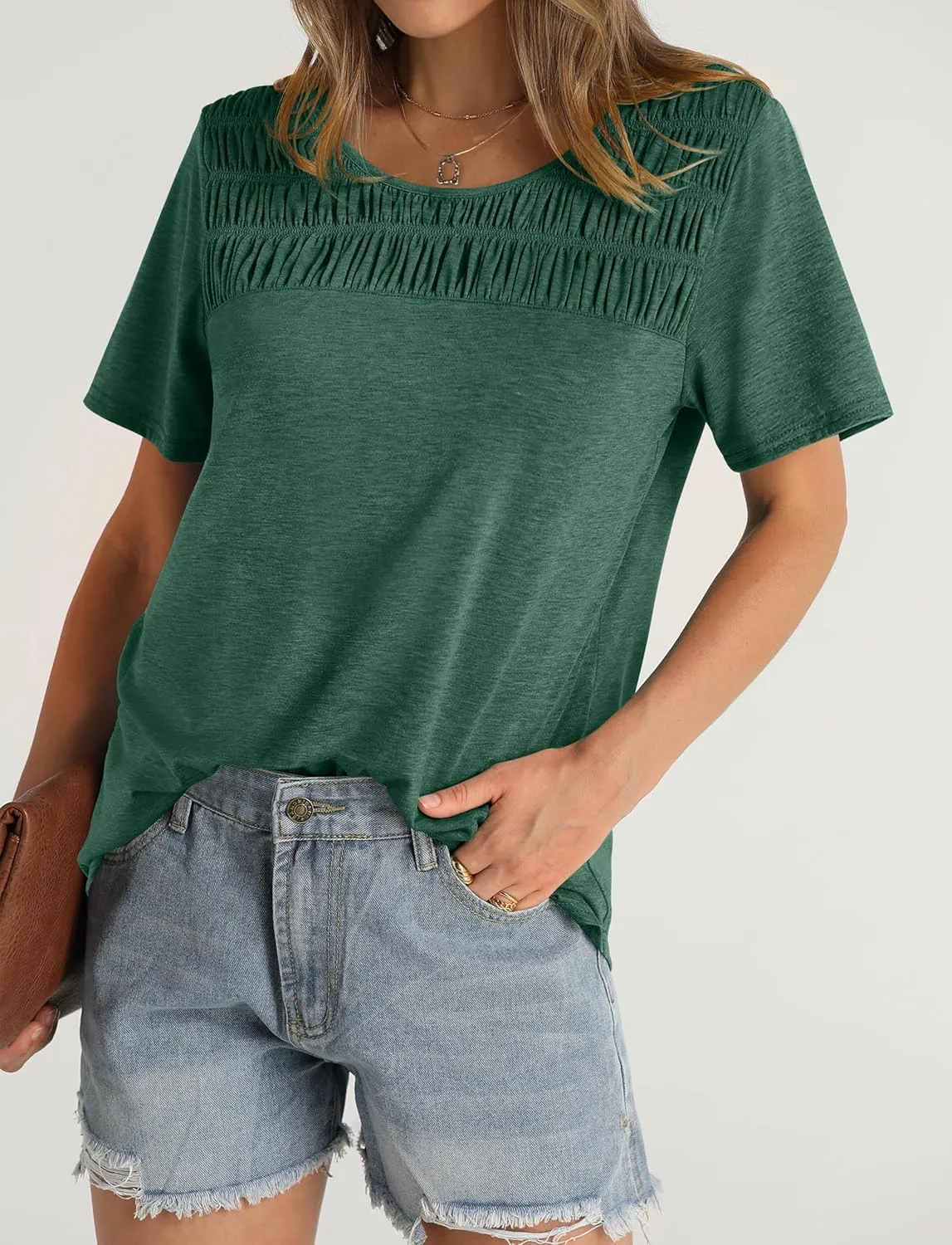 OFEEFAN Women's Summer Tops 2025 Trendy Short Sleeve Shirts Smocked Crewneck Tee