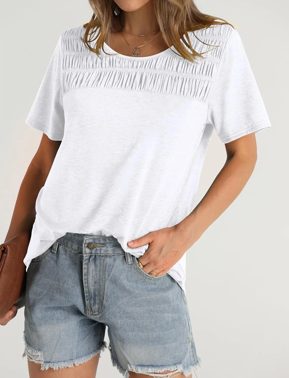 OFEEFAN Women's Summer Tops 2025 Trendy Short Sleeve Shirts Smocked Crewneck Tee