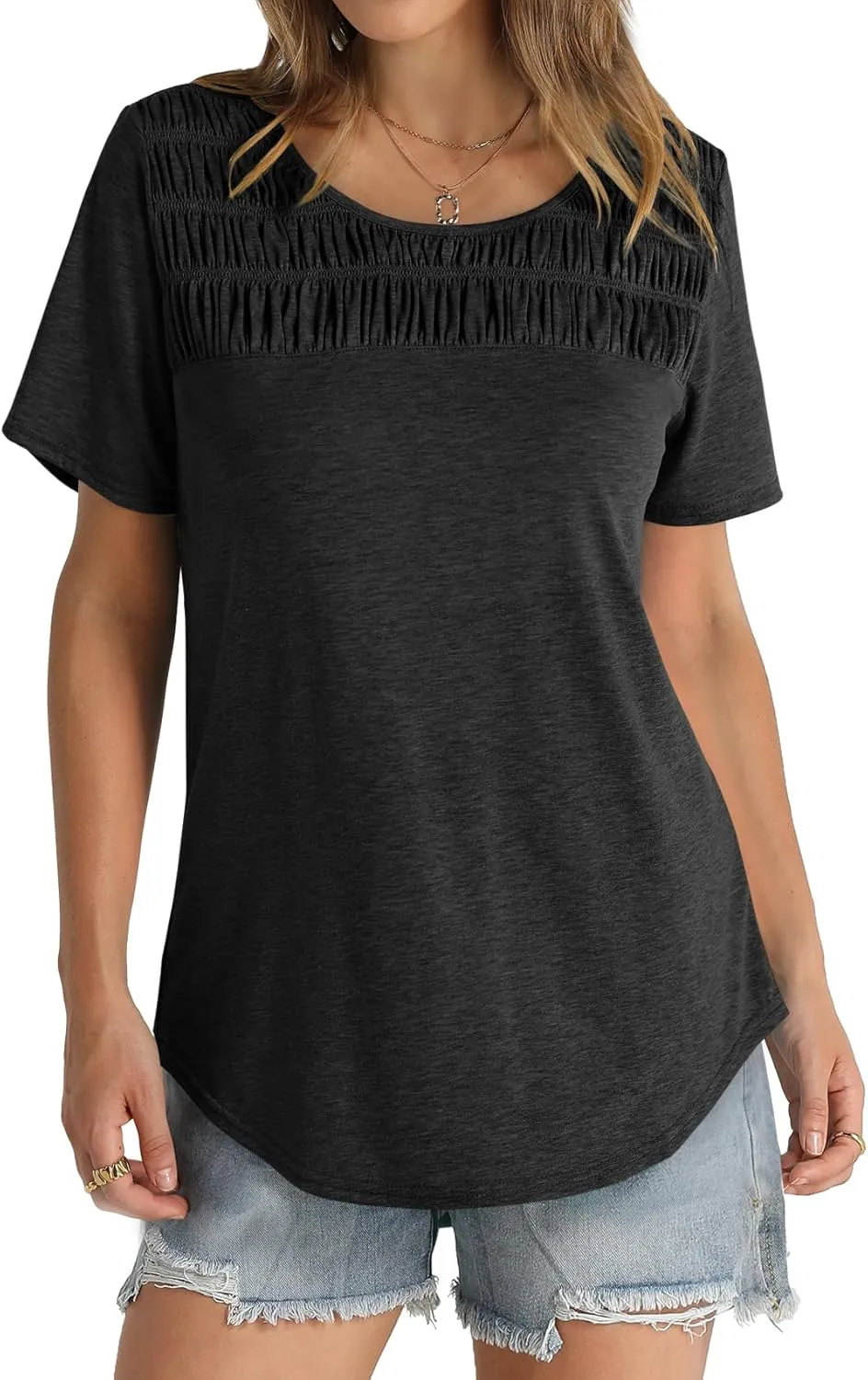 OFEEFAN Women's Summer Tops 2025 Trendy Short Sleeve Shirts Smocked Crewneck Tee