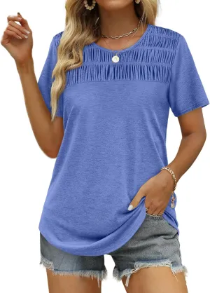 OFEEFAN Women's Summer Tops 2025 Trendy Short Sleeve Shirts Smocked Crewneck Tee