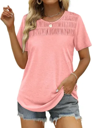 OFEEFAN Women's Summer Tops 2025 Trendy Short Sleeve Shirts Smocked Crewneck Tee