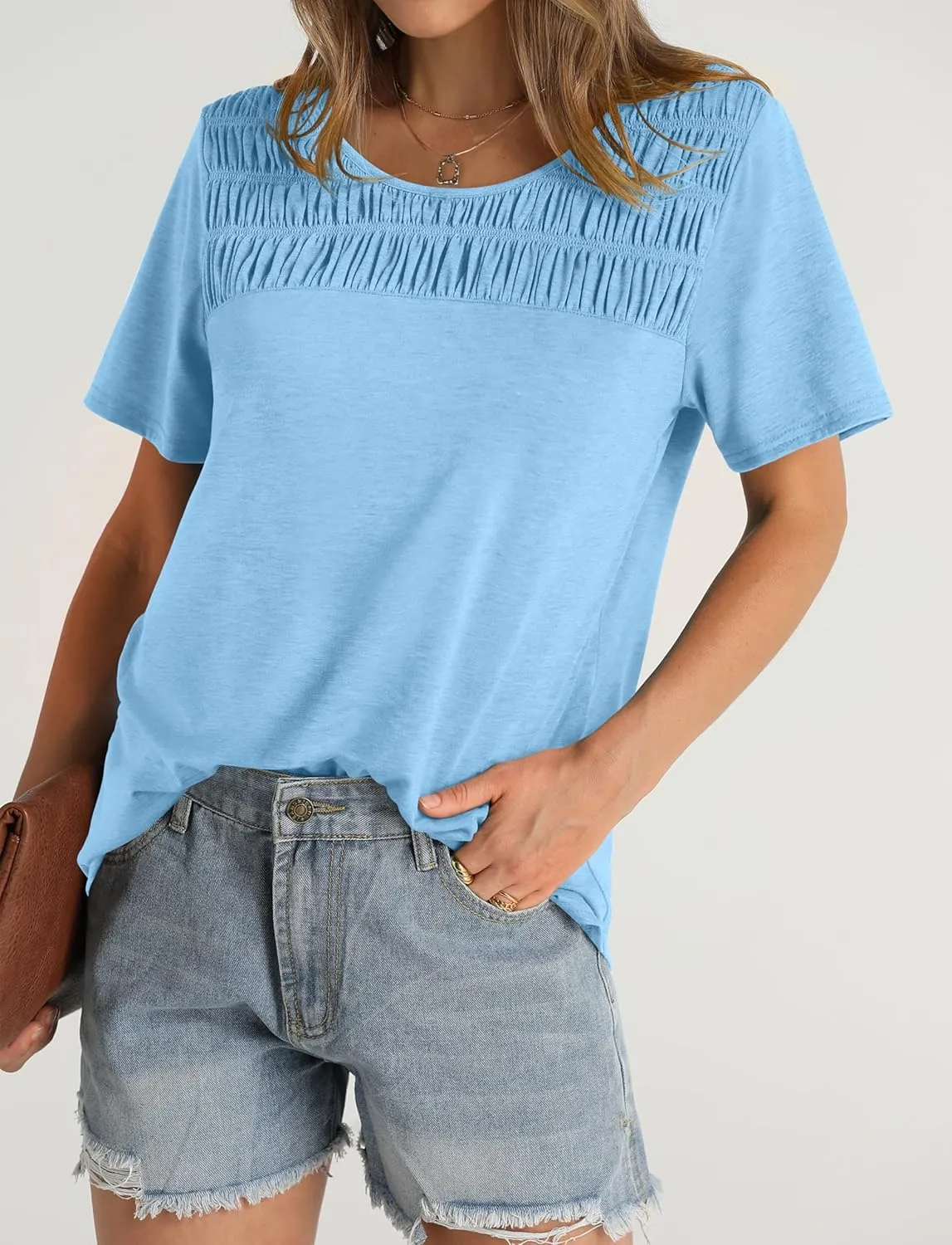 OFEEFAN Women's Summer Tops 2025 Trendy Short Sleeve Shirts Smocked Crewneck Tee
