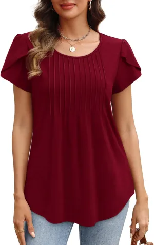 OFEEFAN Womens Tops Tulip Short Sleeve Blouses Pleated Front Summer Beach Vacation Outfits