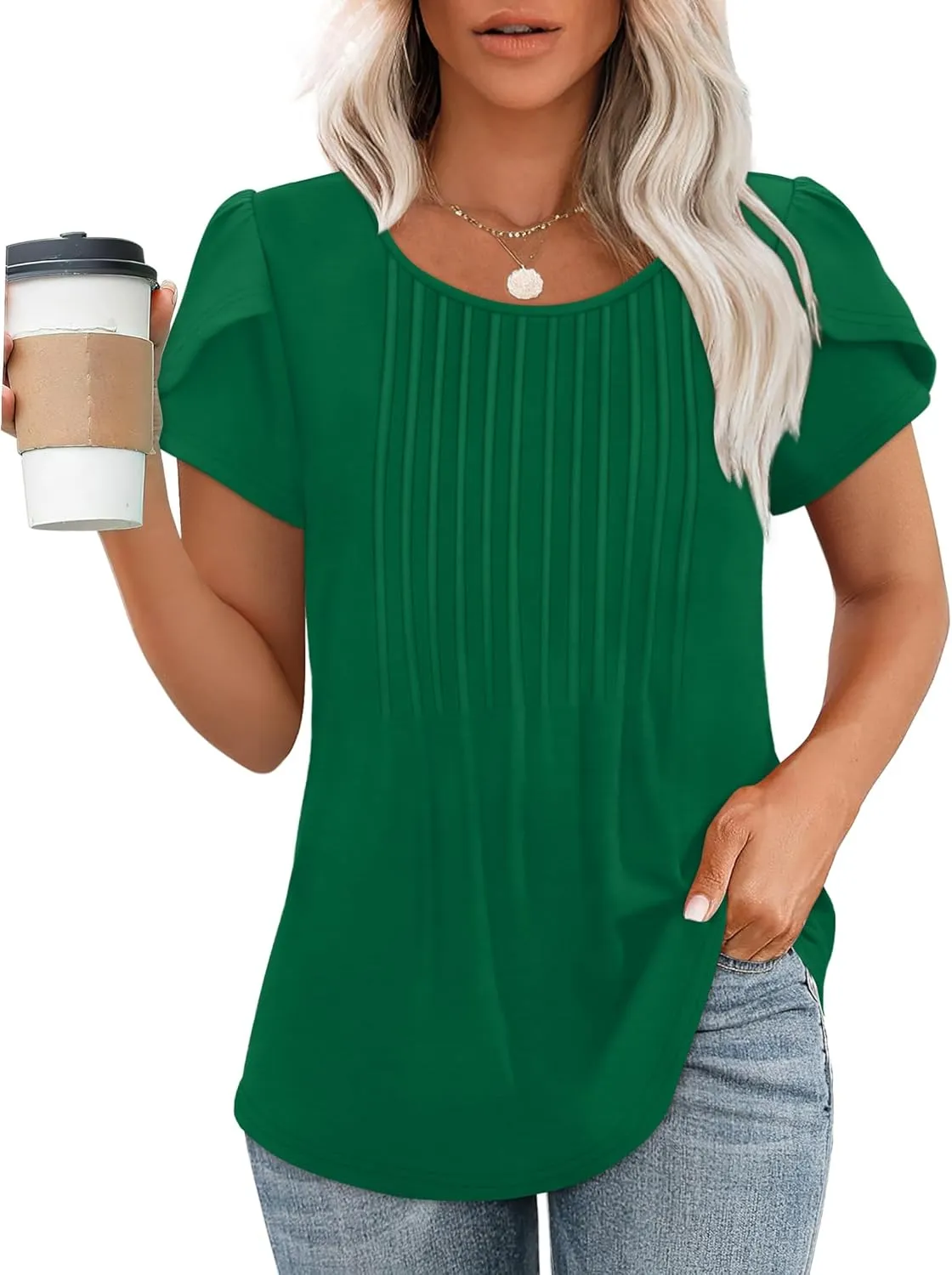 OFEEFAN Womens Tops Tulip Short Sleeve Blouses Pleated Front Summer Beach Vacation Outfits