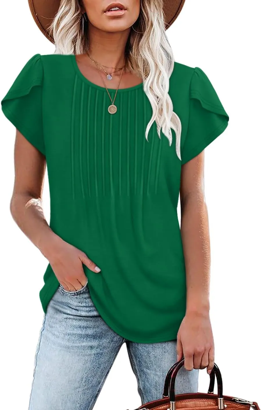 OFEEFAN Womens Tops Tulip Short Sleeve Blouses Pleated Front Summer Beach Vacation Outfits