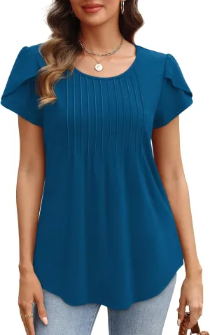 OFEEFAN Womens Tops Tulip Short Sleeve Blouses Pleated Front Summer Beach Vacation Outfits