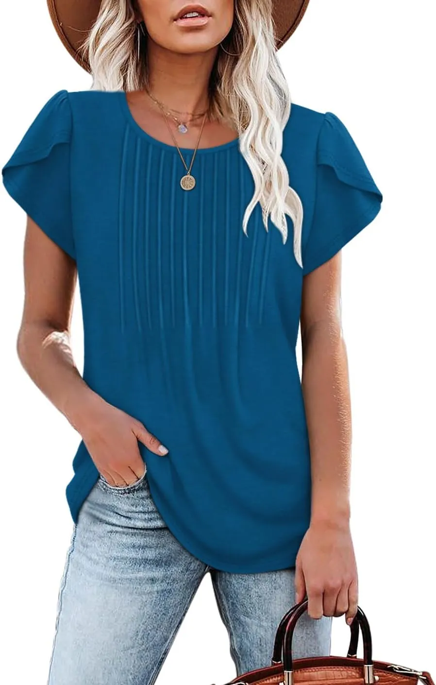 OFEEFAN Womens Tops Tulip Short Sleeve Blouses Pleated Front Summer Beach Vacation Outfits