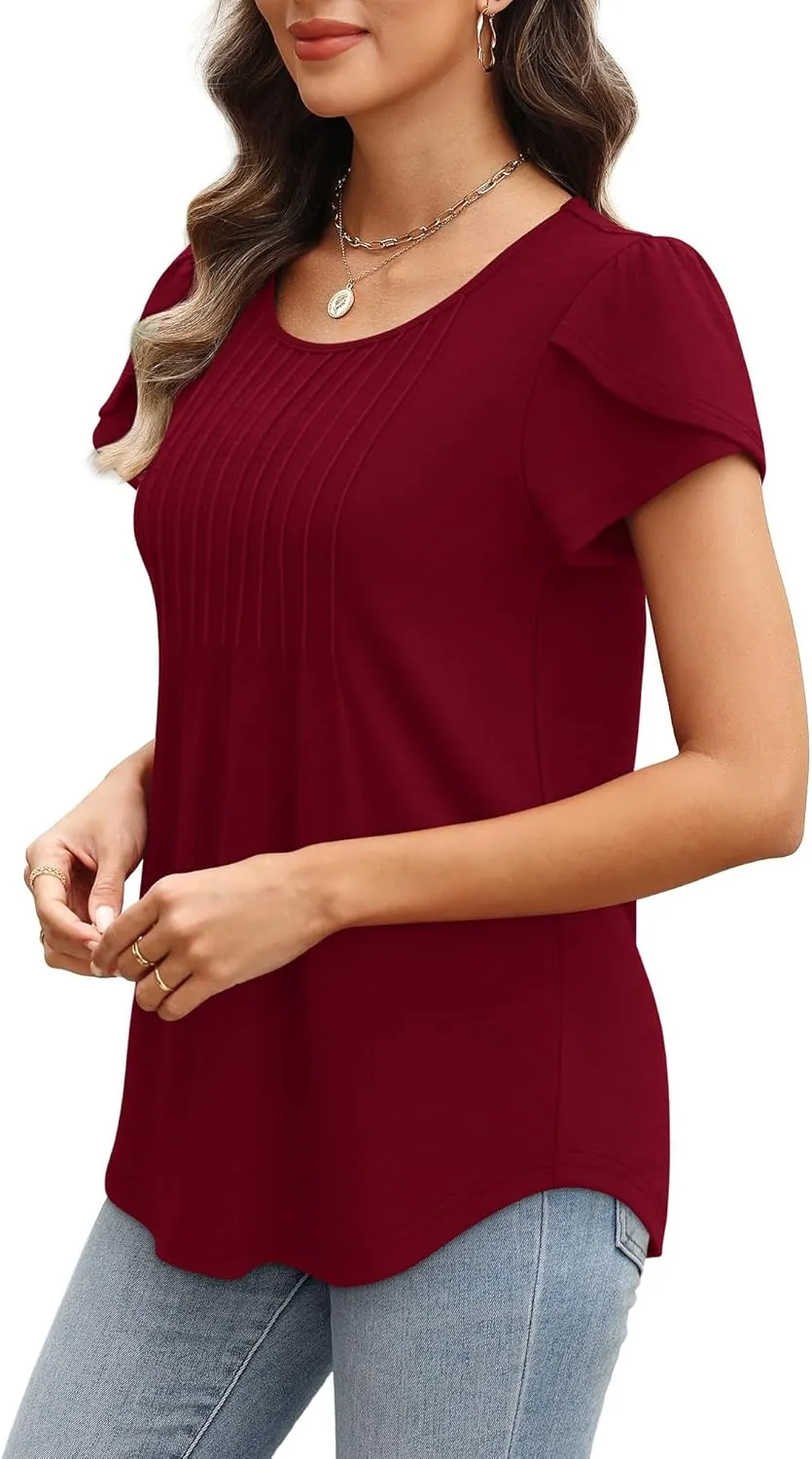 OFEEFAN Womens Tops Tulip Short Sleeve Blouses Pleated Front Summer Beach Vacation Outfits