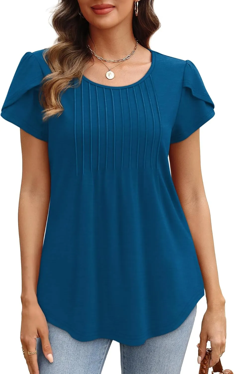 OFEEFAN Womens Tops Tulip Short Sleeve Blouses Pleated Front Summer Beach Vacation Outfits