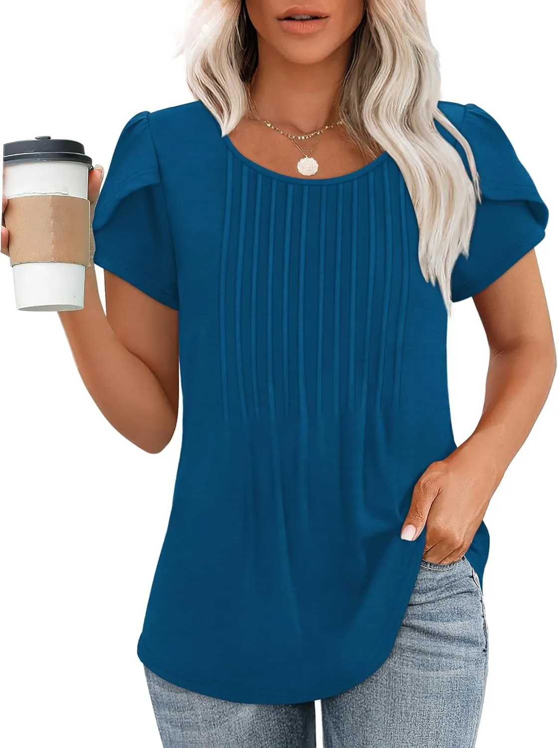 OFEEFAN Womens Tops Tulip Short Sleeve Blouses Pleated Front Summer Beach Vacation Outfits