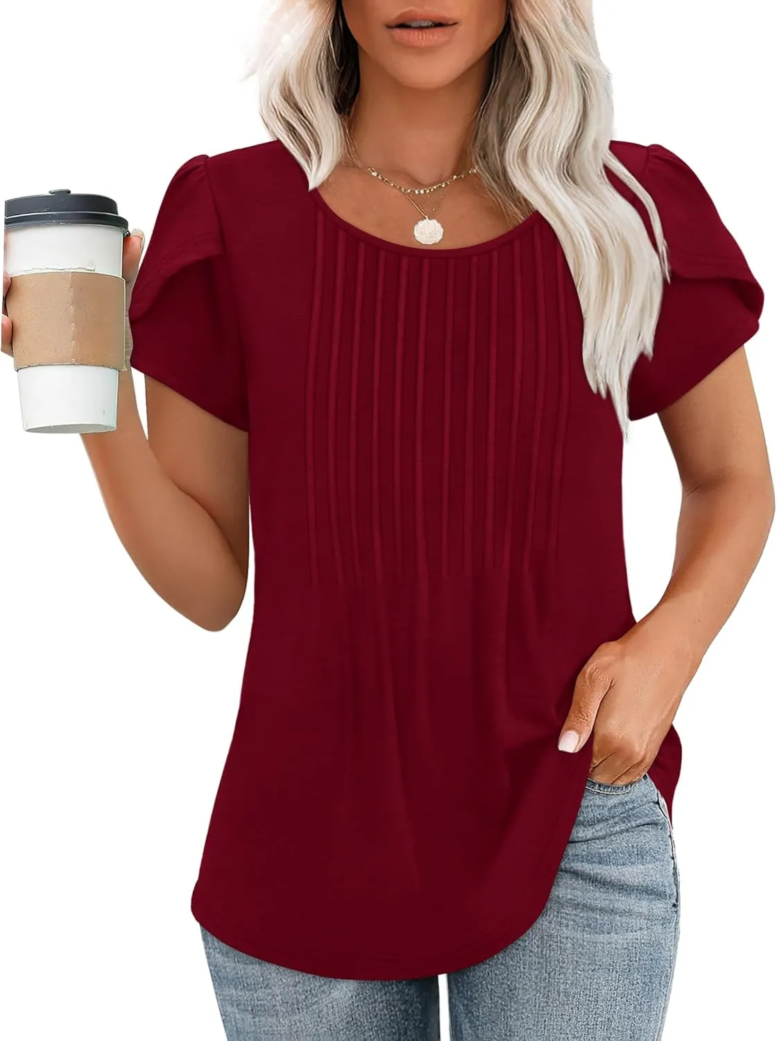OFEEFAN Womens Tops Tulip Short Sleeve Blouses Pleated Front Summer Beach Vacation Outfits