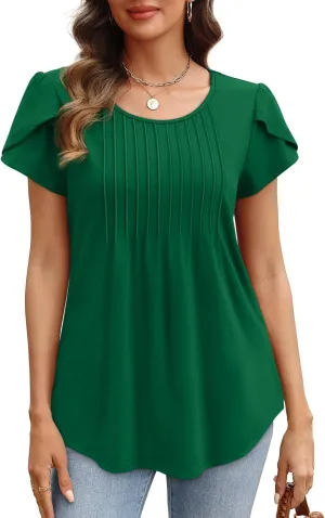 OFEEFAN Womens Tops Tulip Short Sleeve Blouses Pleated Front Summer Beach Vacation Outfits