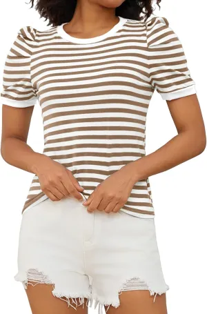 OLAPTA Womens Striped Short Puff Sleeve T-Shirts Colorblock Crew Neck Summer Tee Shirts Slim Fitted Casual Basic Trendy Tops