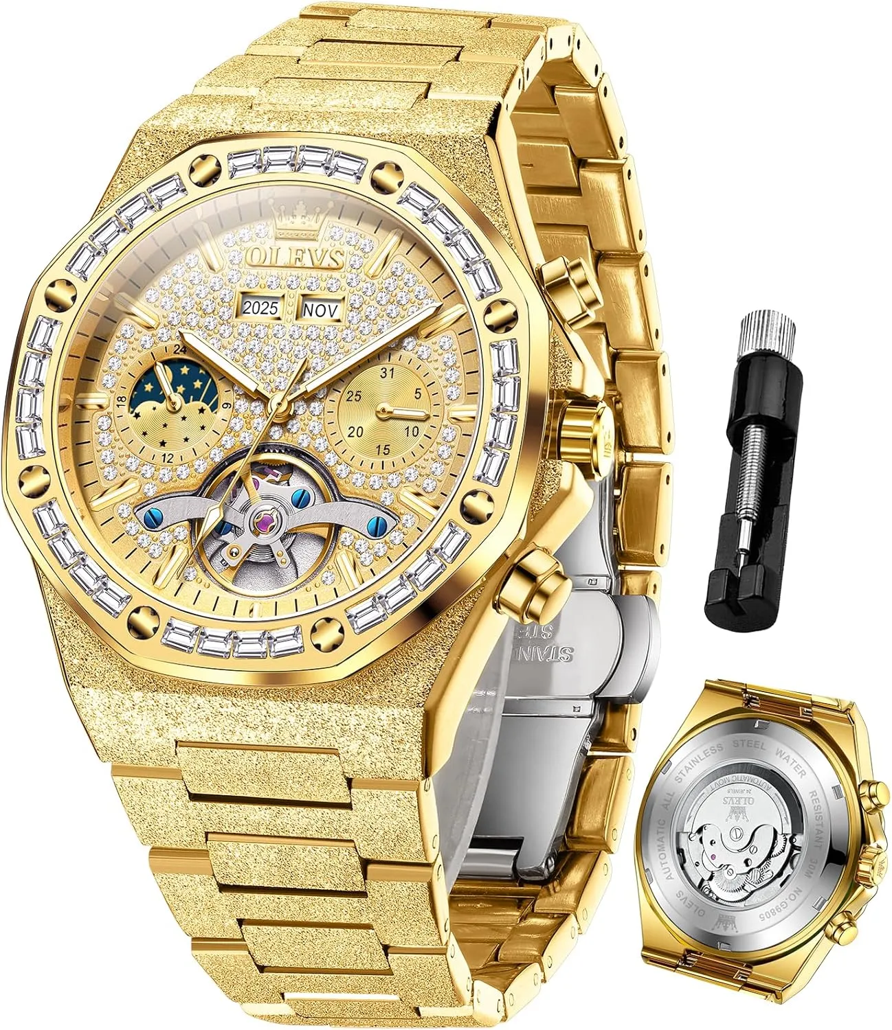 OLEVS Automatic Men's Watch Skeleton Luxury Self-Winding Diamond Gold Stainless Steel Waterproof Mechanical Gift Wrist Watches