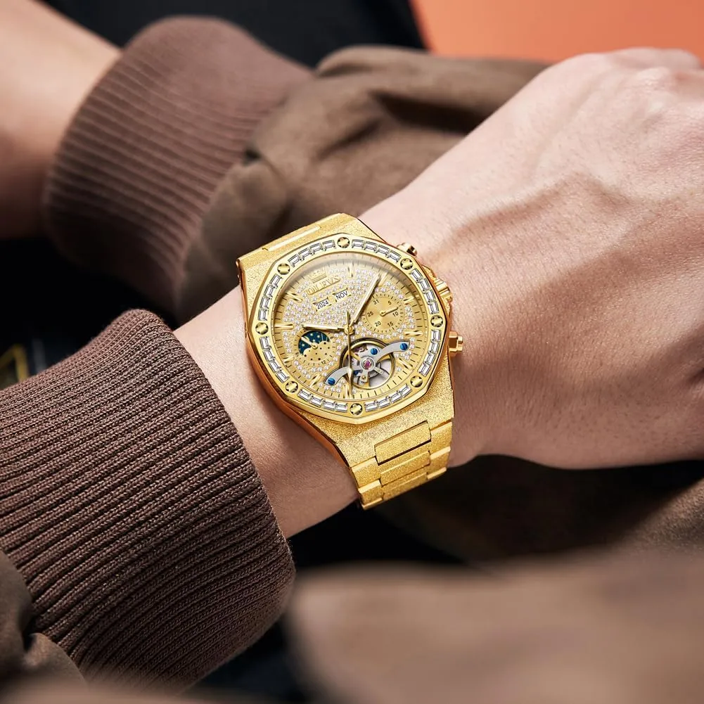 OLEVS Automatic Men's Watch Skeleton Luxury Self-Winding Diamond Gold Stainless Steel Waterproof Mechanical Gift Wrist Watches