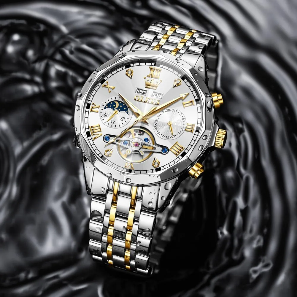 OLEVS Men Automatic Watch Skeleton Moon Phase Dial Luxury Dress Stainless Steel Strap 5 Hands Diamond Men Wrist Watches
