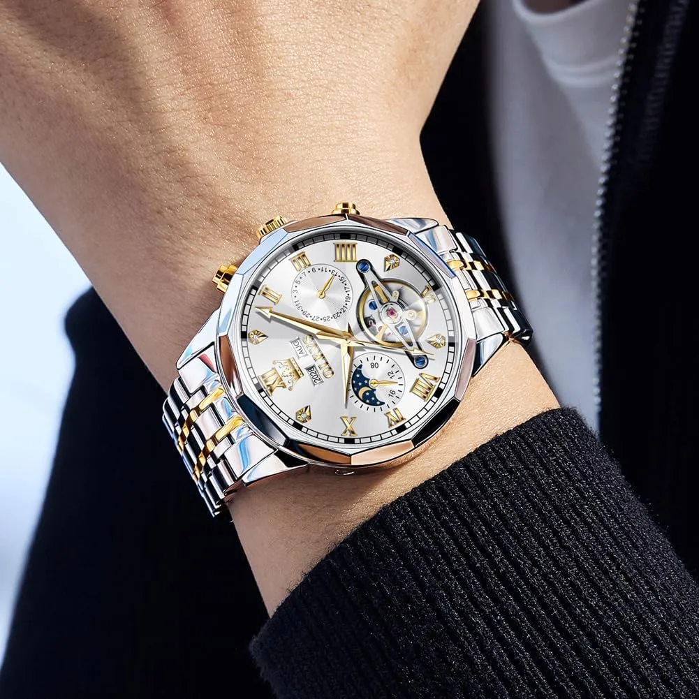 OLEVS Men Automatic Watch Skeleton Moon Phase Dial Luxury Dress Stainless Steel Strap 5 Hands Diamond Men Wrist Watches
