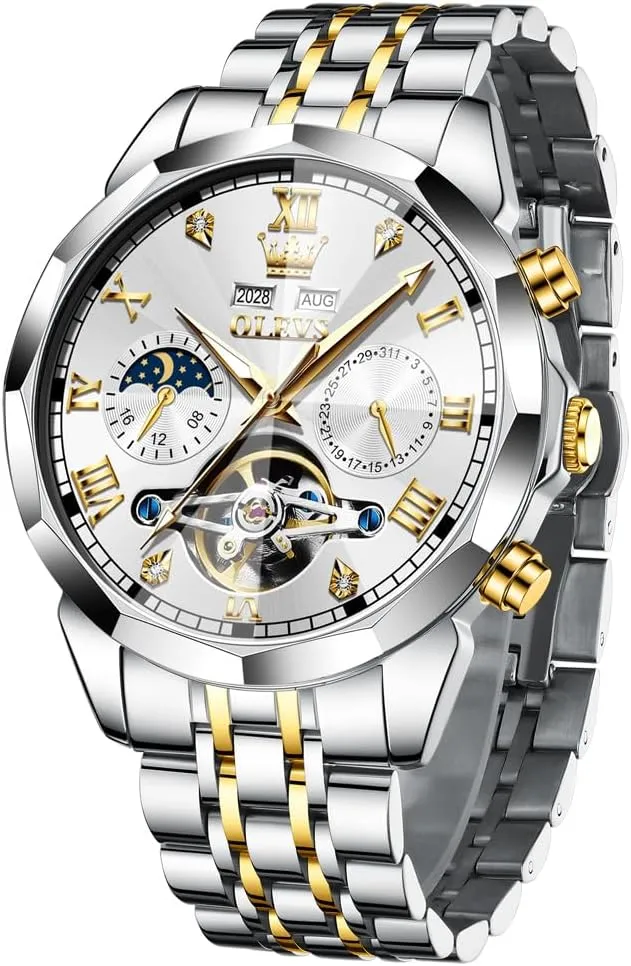 OLEVS Men Automatic Watch Skeleton Moon Phase Dial Luxury Dress Stainless Steel Strap 5 Hands Diamond Men Wrist Watches