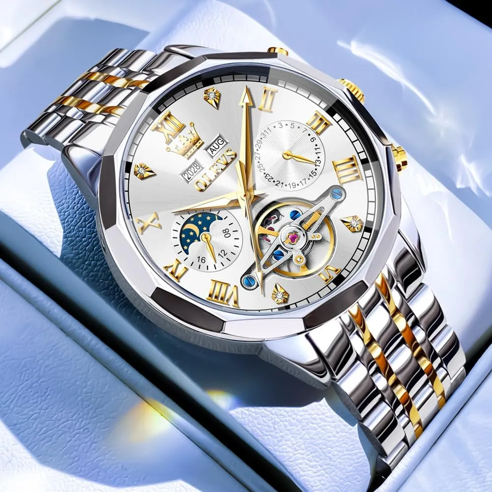 OLEVS Men Automatic Watch Skeleton Moon Phase Dial Luxury Dress Stainless Steel Strap 5 Hands Diamond Men Wrist Watches