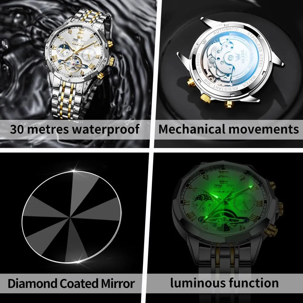 OLEVS Men Automatic Watch Skeleton Moon Phase Dial Luxury Dress Stainless Steel Strap 5 Hands Diamond Men Wrist Watches