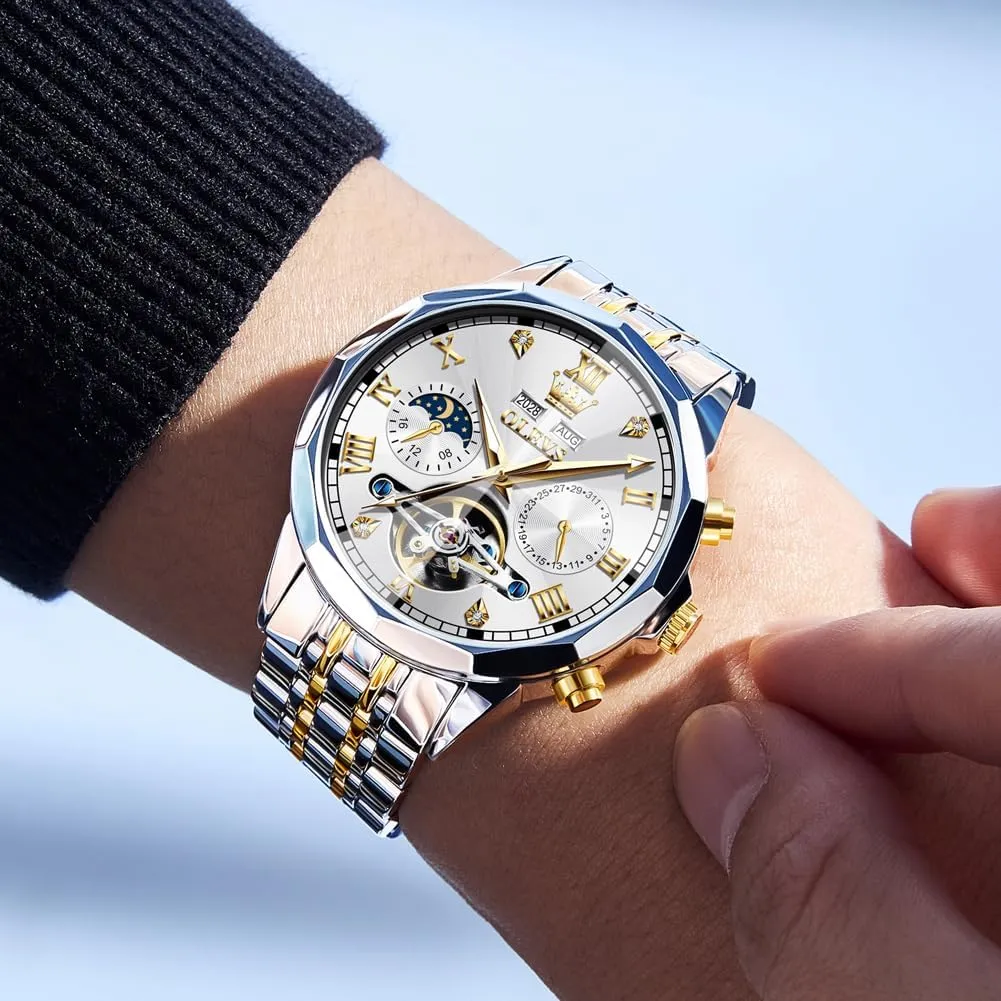 OLEVS Men Automatic Watch Skeleton Moon Phase Dial Luxury Dress Stainless Steel Strap 5 Hands Diamond Men Wrist Watches