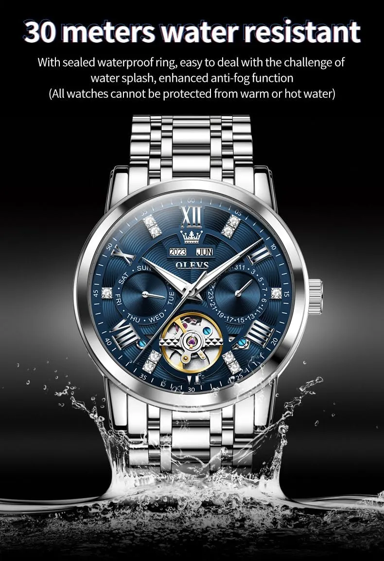 OLEVS Mens Automatic Watches Gold Luxury Diamond Dress Self Winding Mechanical Skeleton Tourbillon Stainless Steel Wrist Watch