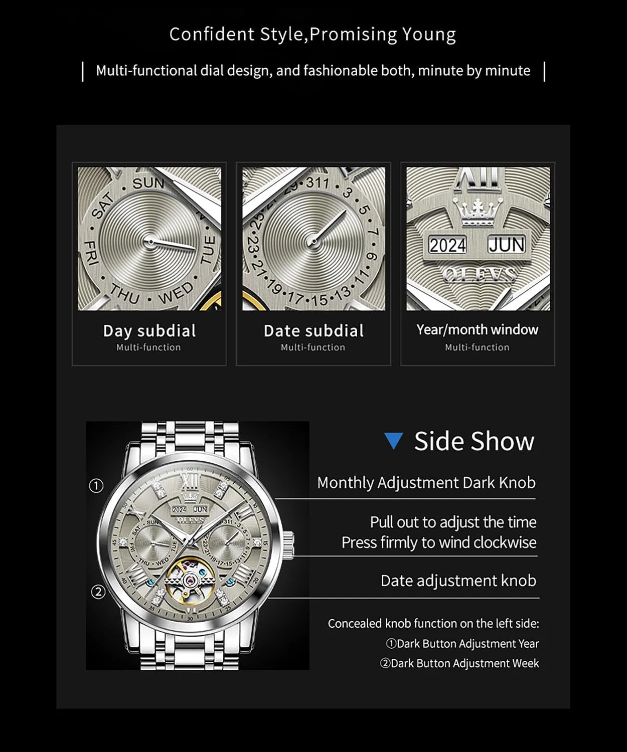 OLEVS Mens Automatic Watches Gold Luxury Diamond Dress Self Winding Mechanical Skeleton Tourbillon Stainless Steel Wrist Watch
