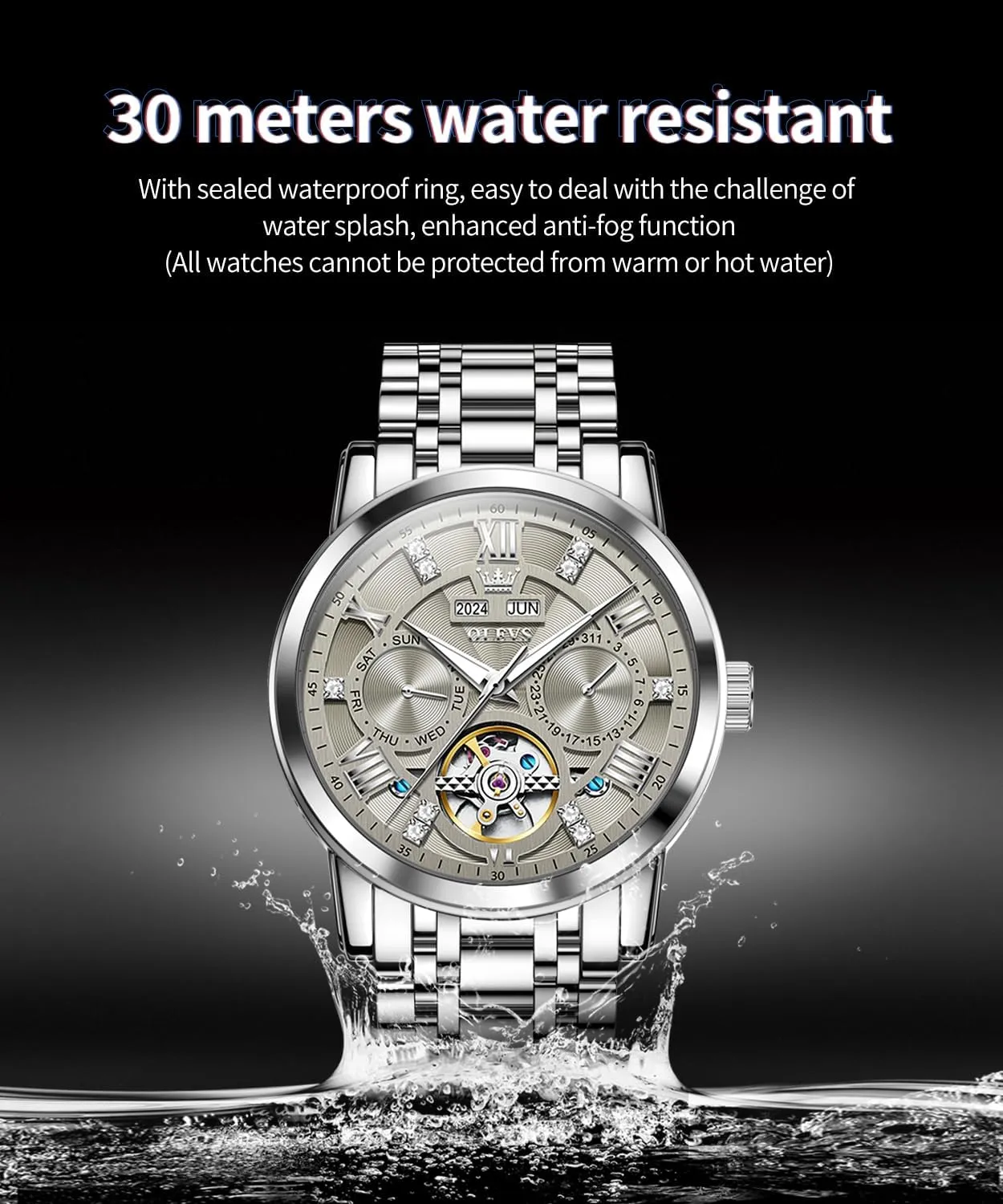 OLEVS Mens Automatic Watches Gold Luxury Diamond Dress Self Winding Mechanical Skeleton Tourbillon Stainless Steel Wrist Watch