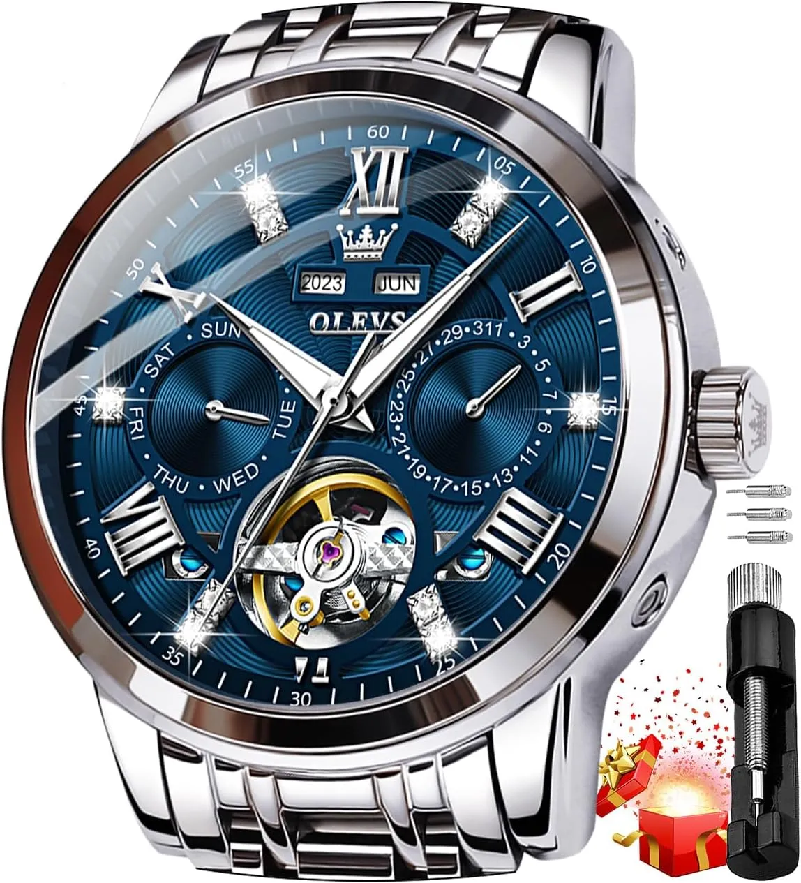 OLEVS Mens Automatic Watches Gold Luxury Diamond Dress Self Winding Mechanical Skeleton Tourbillon Stainless Steel Wrist Watch