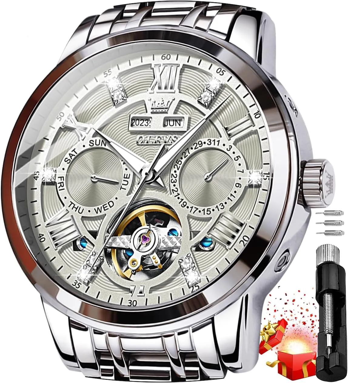 OLEVS Mens Automatic Watches Gold Luxury Diamond Dress Self Winding Mechanical Skeleton Tourbillon Stainless Steel Wrist Watch