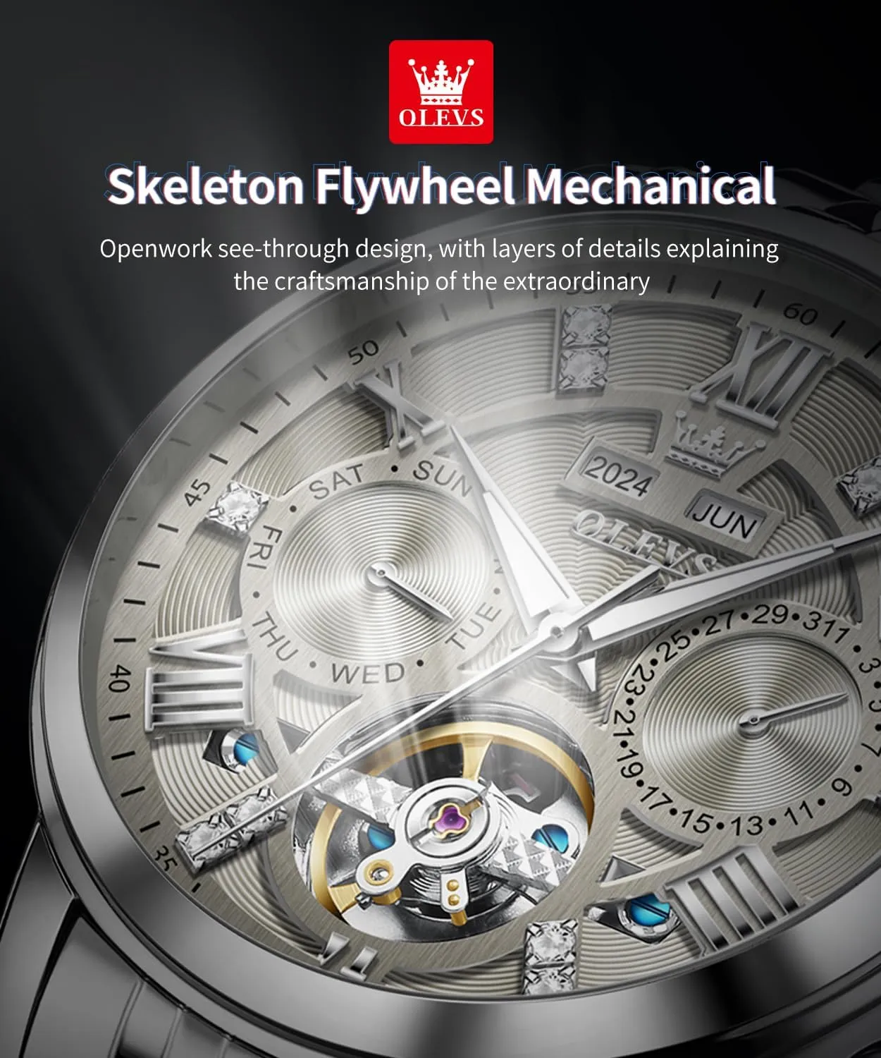 OLEVS Mens Automatic Watches Gold Luxury Diamond Dress Self Winding Mechanical Skeleton Tourbillon Stainless Steel Wrist Watch