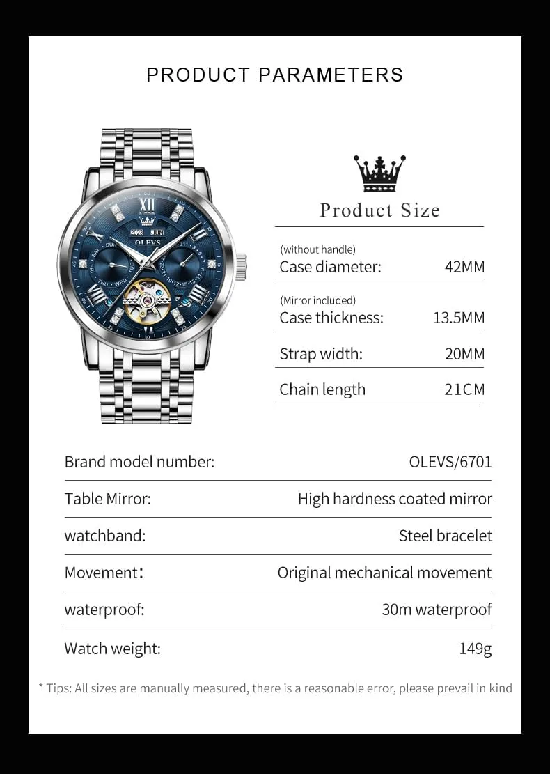 OLEVS Mens Automatic Watches Gold Luxury Diamond Dress Self Winding Mechanical Skeleton Tourbillon Stainless Steel Wrist Watch