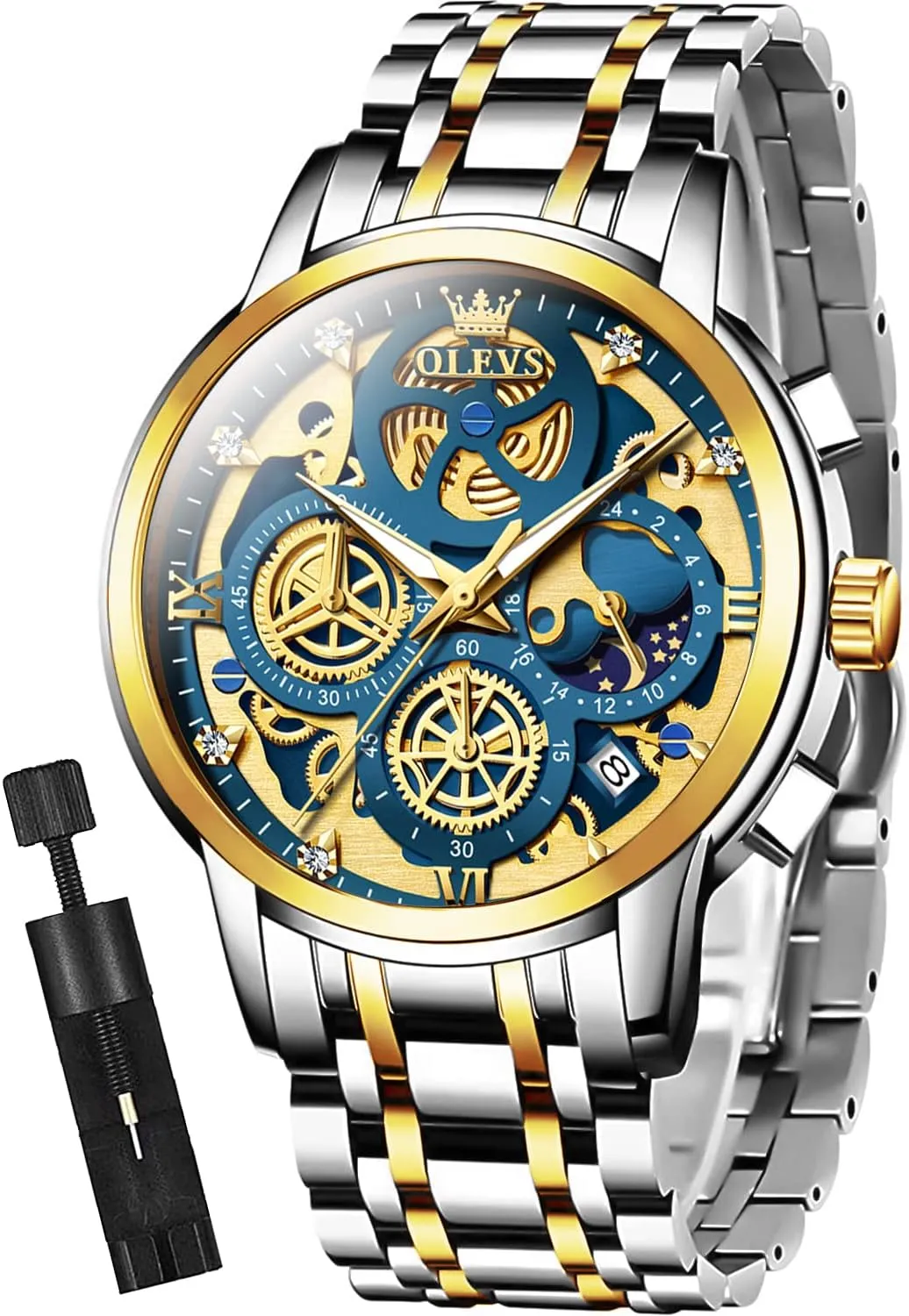 OLEVS Mens Watch Chronograph Luxury Diamond Dress Business Analog Quartz Wrist Watches Stainless Steel Waterproof Luminous