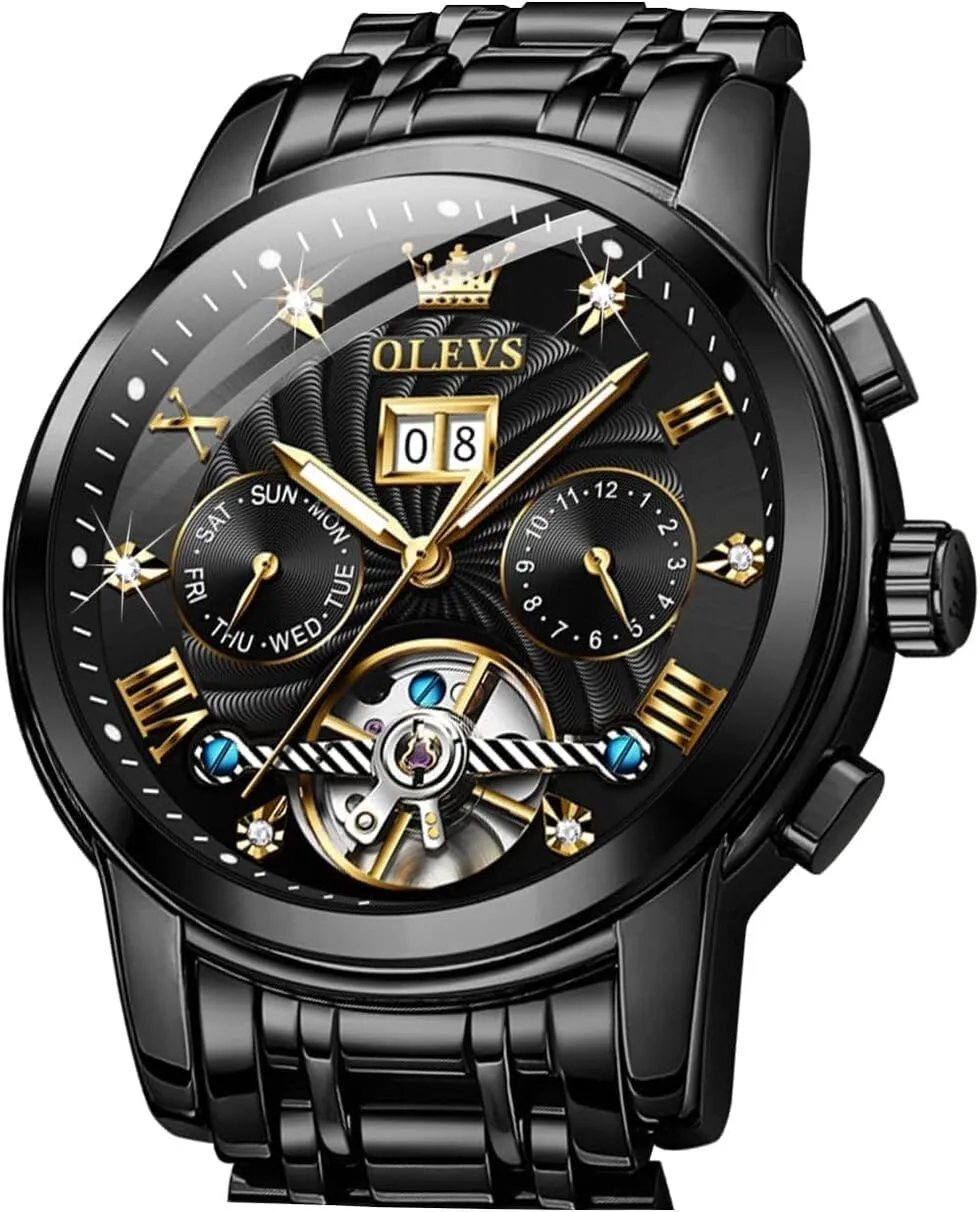 OLEVS Skeleton Watches for Men Luxury Diamond Wristwatch Automatic Mechanical Self Winding Luminous Waterproof