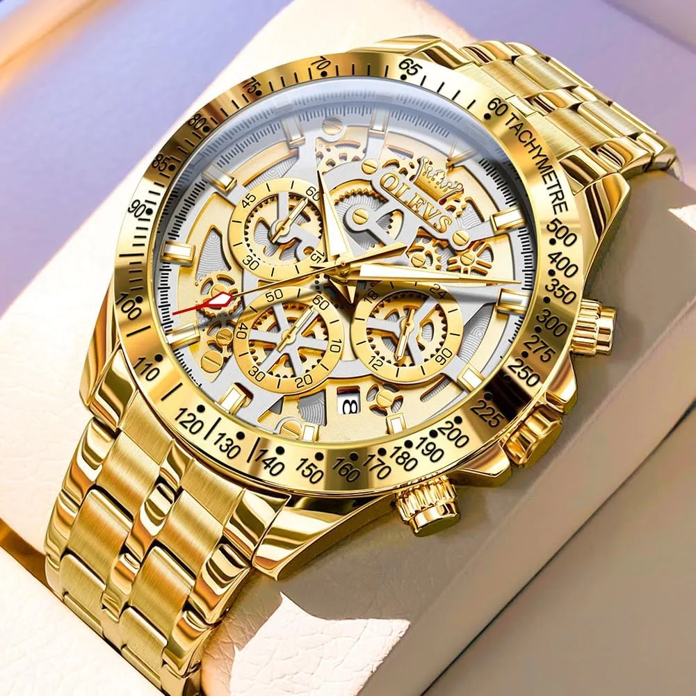 OLEVS Watch for Men Skeleton Business Dress Stainless Steel Waterproof Luminous Mens Wrist Watch