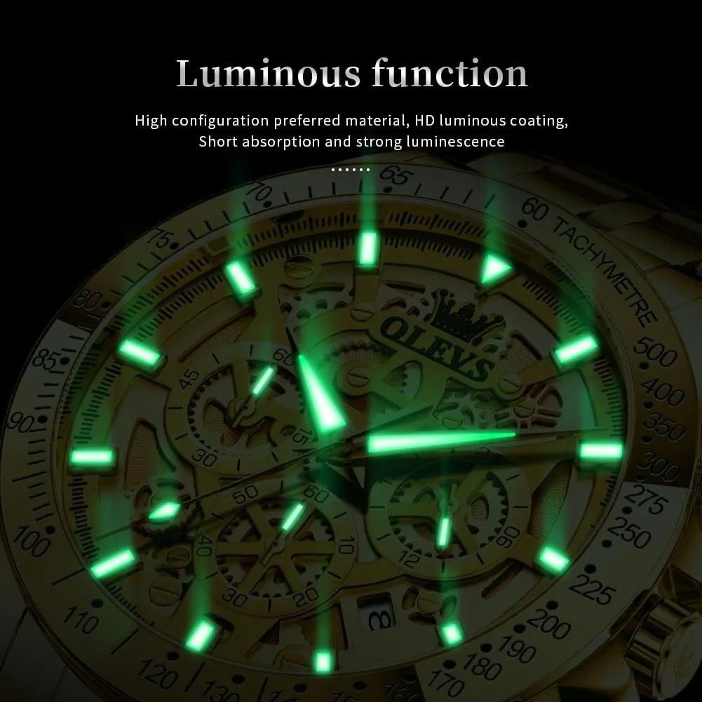 OLEVS Watch for Men Skeleton Business Dress Stainless Steel Waterproof Luminous Mens Wrist Watch
