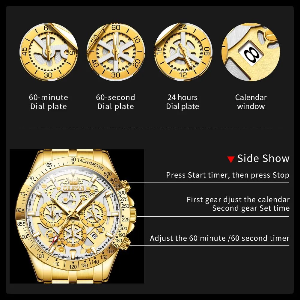 OLEVS Watch for Men Skeleton Business Dress Stainless Steel Waterproof Luminous Mens Wrist Watch