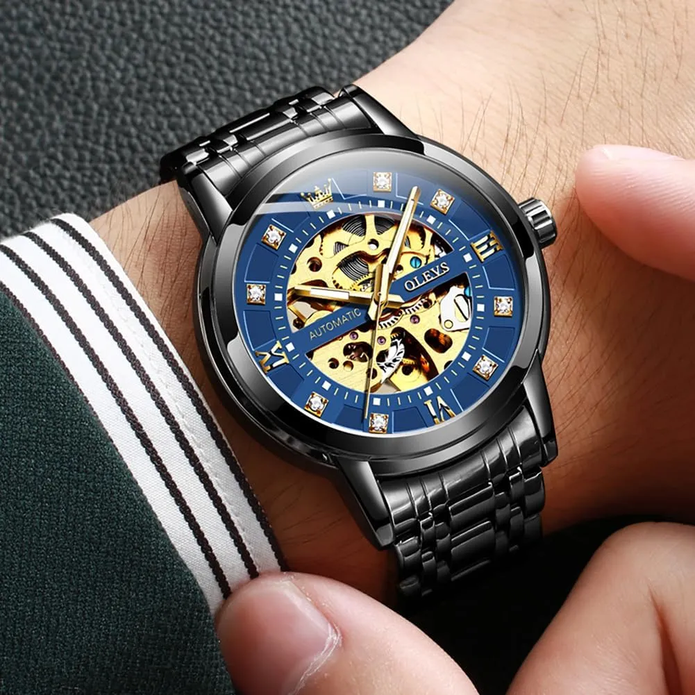 OLEVS Watches for Men Automatic Skeleton Watch Mechanical Gold Wrist Watches Business Luxury Diamond Stainess Steel Waterproof Luminous