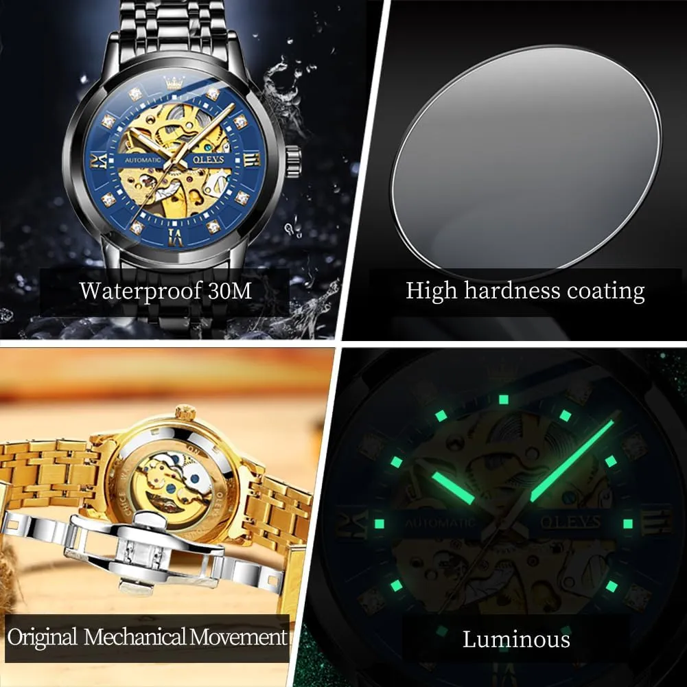 OLEVS Watches for Men Automatic Skeleton Watch Mechanical Gold Wrist Watches Business Luxury Diamond Stainess Steel Waterproof Luminous