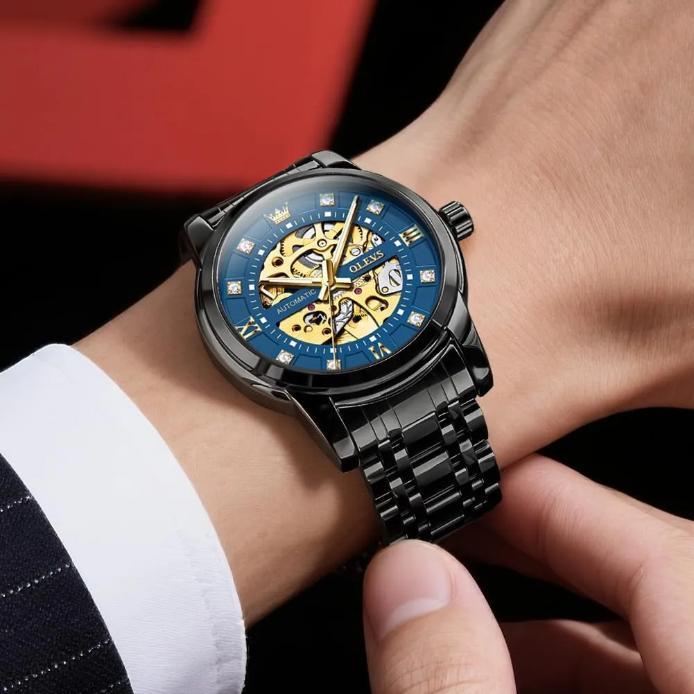 OLEVS Watches for Men Automatic Skeleton Watch Mechanical Gold Wrist Watches Business Luxury Diamond Stainess Steel Waterproof Luminous