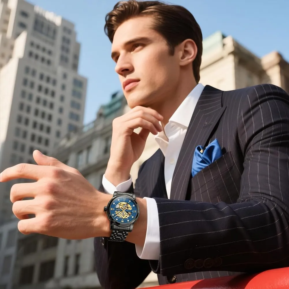 OLEVS Watches for Men Automatic Skeleton Watch Mechanical Gold Wrist Watches Business Luxury Diamond Stainess Steel Waterproof Luminous