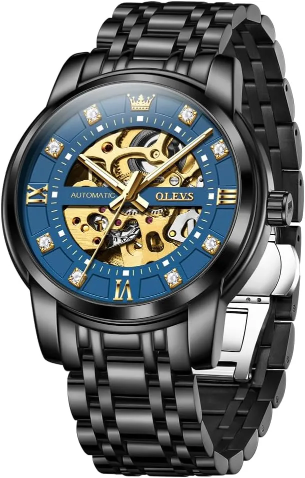 OLEVS Watches for Men Automatic Skeleton Watch Mechanical Gold Wrist Watches Business Luxury Diamond Stainess Steel Waterproof Luminous