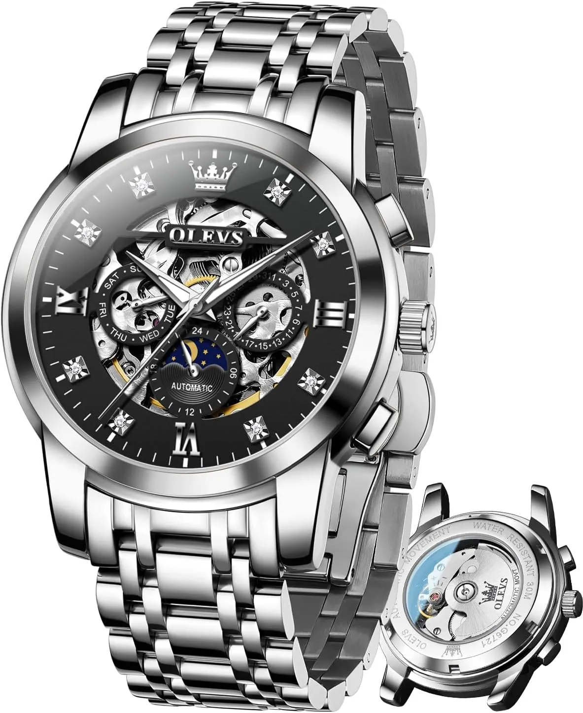 OLEVS Watches for Men Luxury Skeleton Automatic Mechanical Mens Watch Diamond Moon Phase Waterproof Date Self Winding Gentlemen Watch