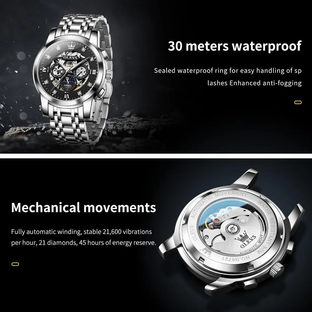 OLEVS Watches for Men Luxury Skeleton Automatic Mechanical Mens Watch Diamond Moon Phase Waterproof Date Self Winding Gentlemen Watch