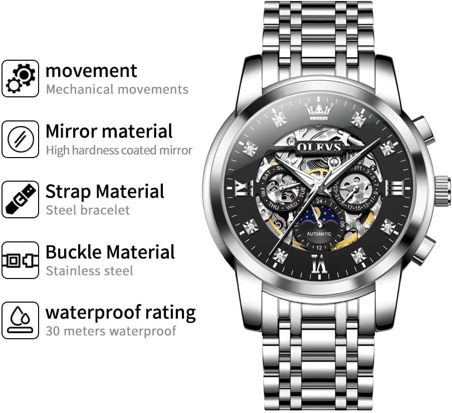 OLEVS Watches for Men Luxury Skeleton Automatic Mechanical Mens Watch Diamond Moon Phase Waterproof Date Self Winding Gentlemen Watch