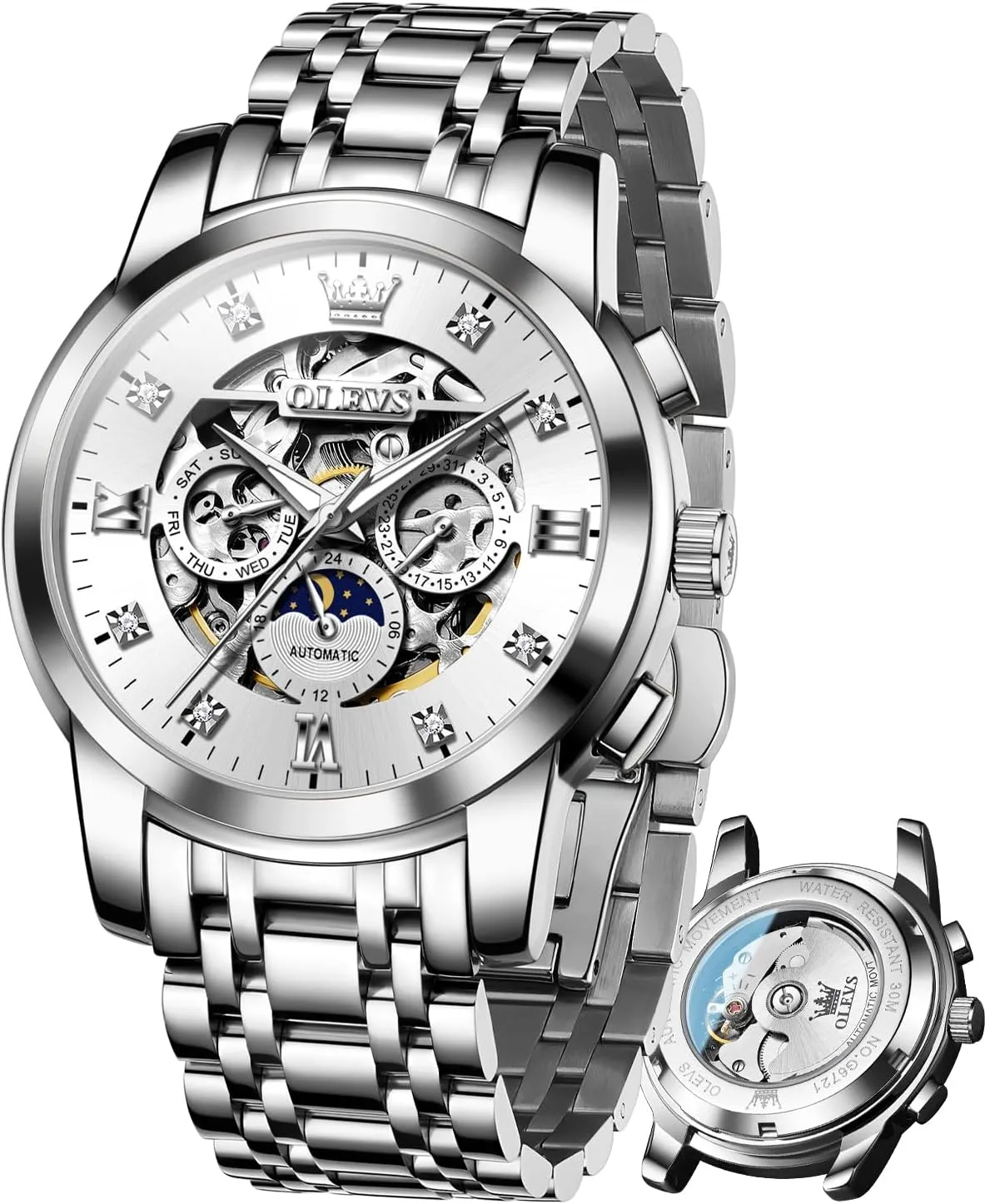 OLEVS Watches for Men Luxury Skeleton Automatic Mechanical Mens Watch Diamond Moon Phase Waterproof Date Self Winding Gentlemen Watch
