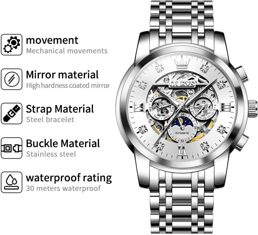 OLEVS Watches for Men Luxury Skeleton Automatic Mechanical Mens Watch Diamond Moon Phase Waterproof Date Self Winding Gentlemen Watch