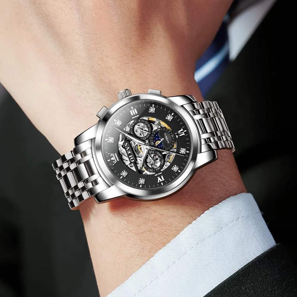 OLEVS Watches for Men Luxury Skeleton Automatic Mechanical Mens Watch Diamond Moon Phase Waterproof Date Self Winding Gentlemen Watch