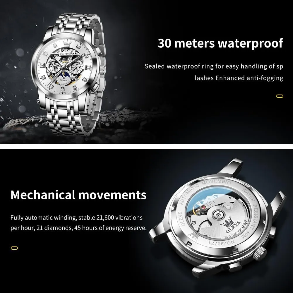 OLEVS Watches for Men Luxury Skeleton Automatic Mechanical Mens Watch Diamond Moon Phase Waterproof Date Self Winding Gentlemen Watch