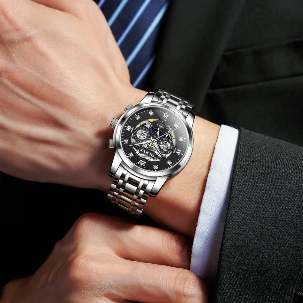 OLEVS Watches for Men Luxury Skeleton Automatic Mechanical Mens Watch Diamond Moon Phase Waterproof Date Self Winding Gentlemen Watch